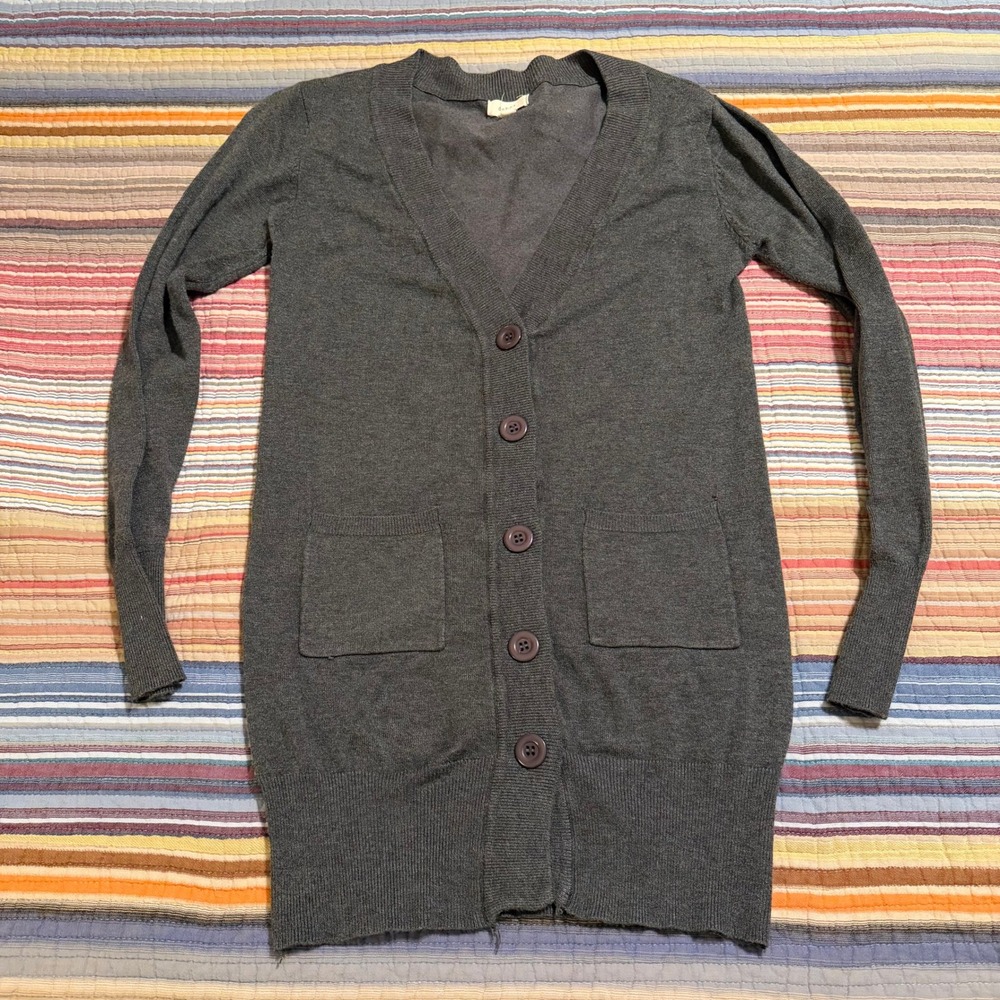 Debut Womens Gray Longline Button Front Cardigan Sweater V-Neck‎ Pockets Medium